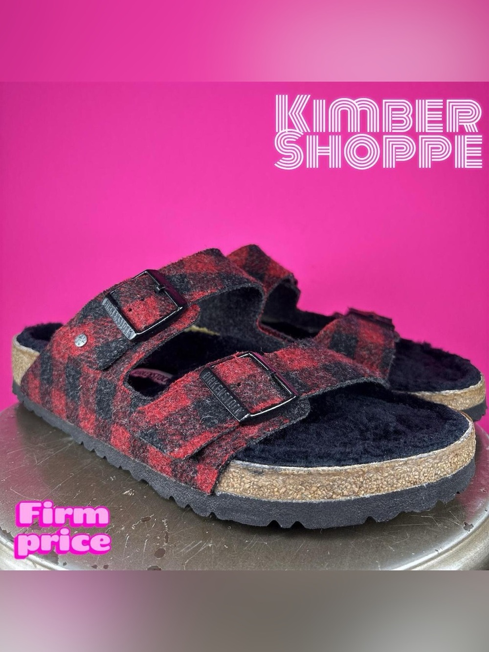 Birkenstock Arizona Red Plaid Wool Shearling Lined Double Strap Sandal EU 44